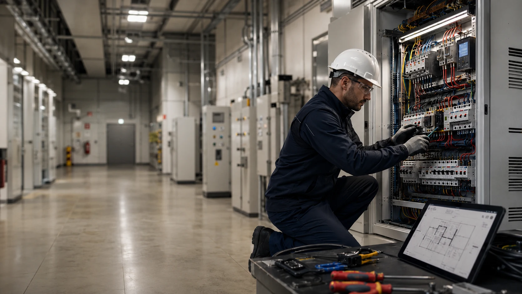 Técnico trabajando en un tablero eléctrico industrial