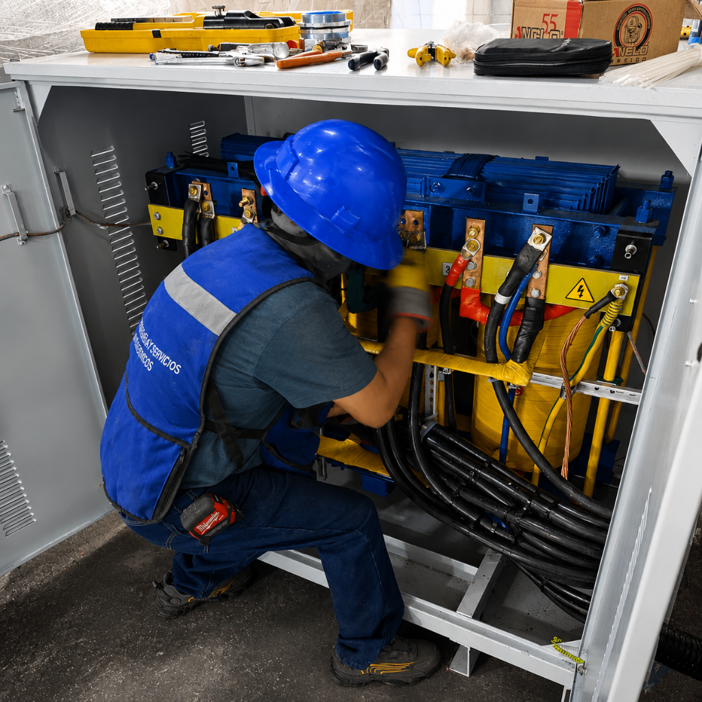 Técnico de SEIRV ajustando gabinete eléctrico