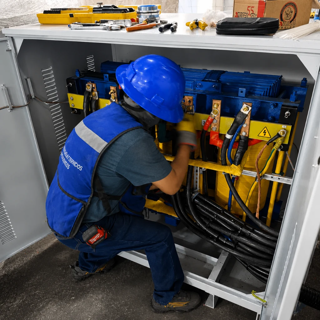 Técnico realizando conexión organizada en gabinete eléctrico