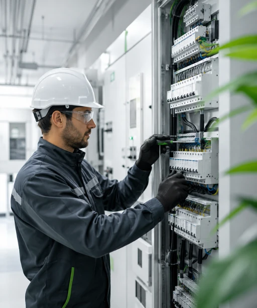 Técnico realizando mantenimiento en un tablero eléctrico