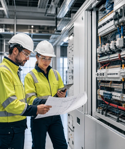 Ingenieros revisando planos de un proyecto eléctrico