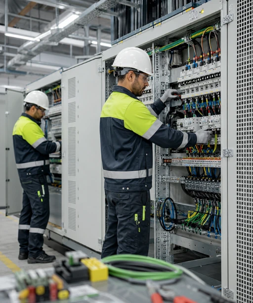 Técnicos trabajando en una instalación eléctrica de baja y media tensión